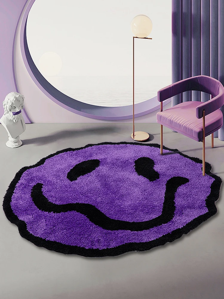 Y2K Smiling Face Tufted Rug for Living Room Bedroom Round Fluffy Trippy Smile Rug Modern Bathroom Mat Area Rug Home Decor