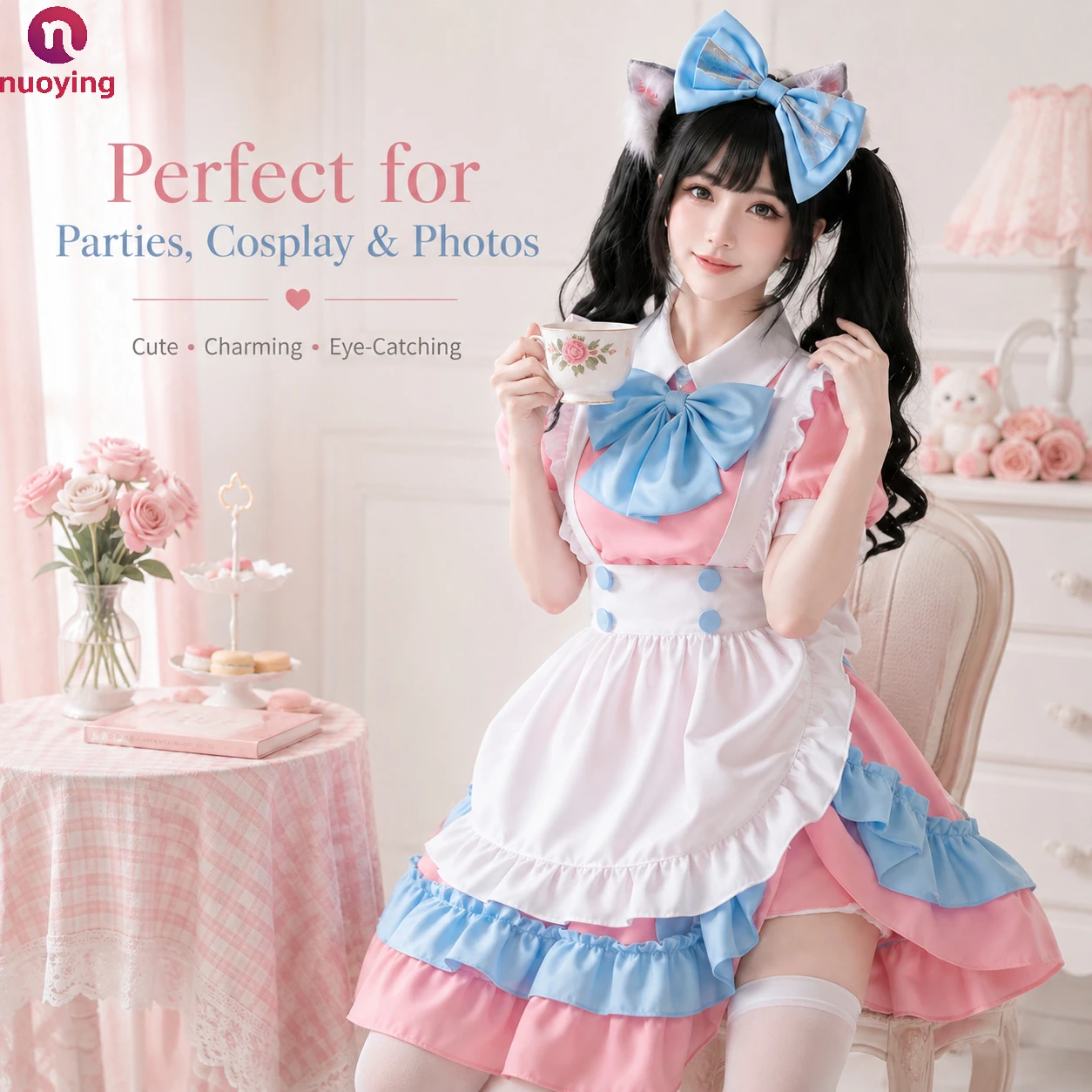 Traje de cosplay de sirvienta Lolita rosa y azul para mujeres y niñas, vestido elegante de estilo japonés, lindo disfraz con temática de animación para fiesta de Halloween
