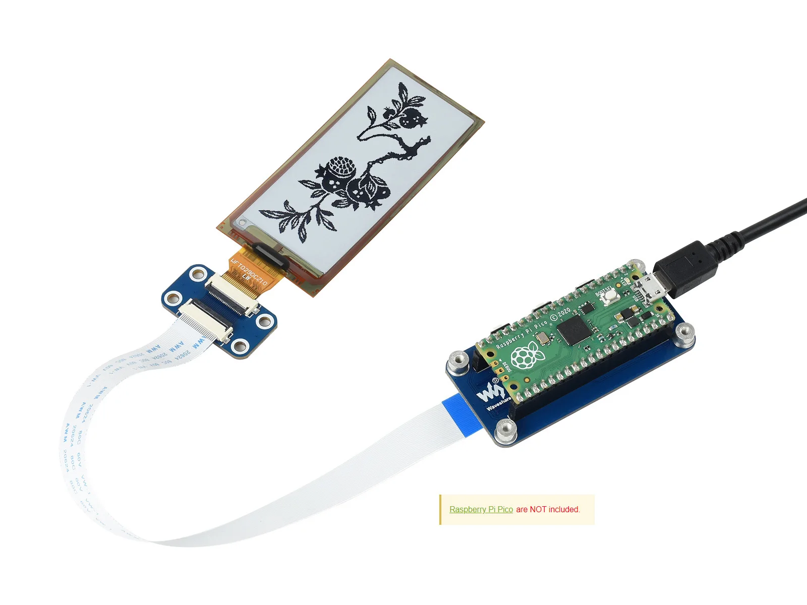 Waveshare  2.9inch Flexible E-Paper E-Ink Display Module for Raspberry Pi Pico 296X128 Black / White SPI