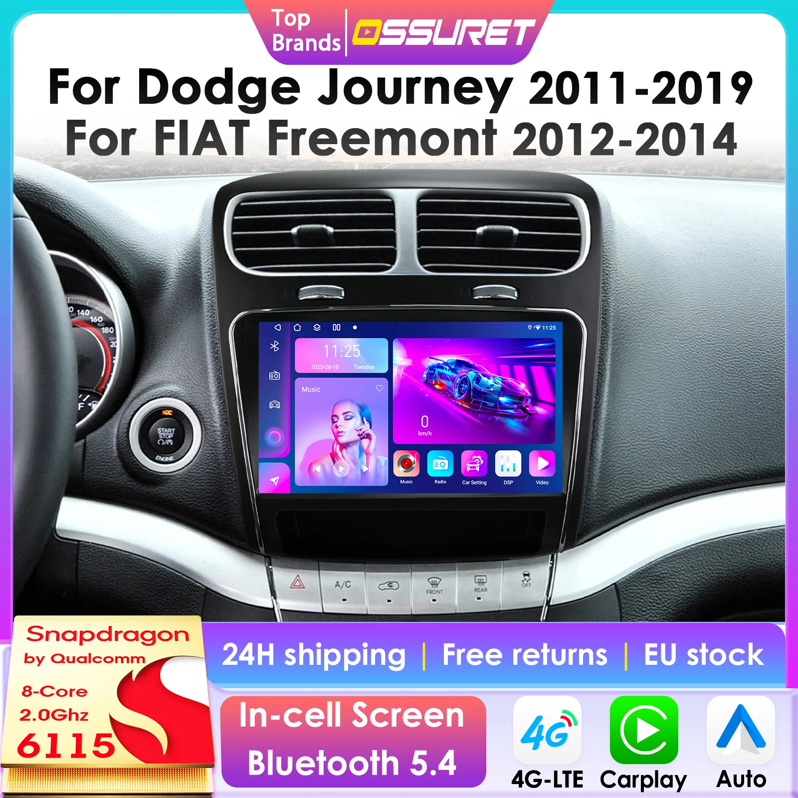 Kabelloses CarPlay Android Auto Autoradio für Dodge Journey 2011-2019 für FIAT Freemont 2012-2014 Auto-Multimedia-Player GPS DSP