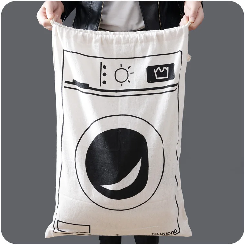 Large Cotton and Linen Laundry Bag, Toy Storage Bag, Printing Fabric, Drawstring Duffle Bags Dirty Clothes Organizer Bags