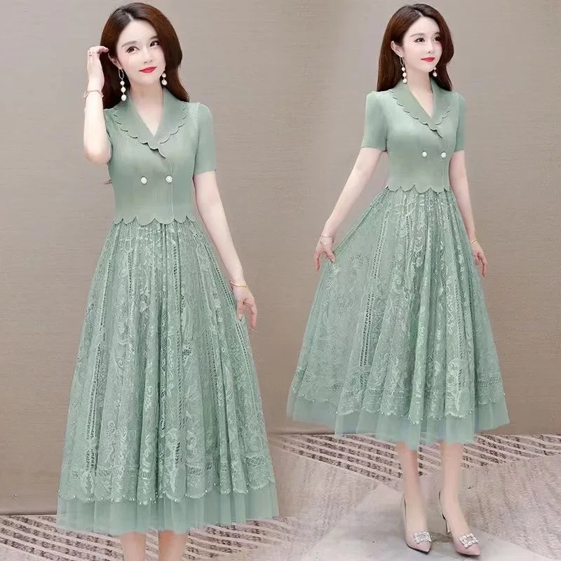 Elegant Fake Two Piece Lace Dress Female 2024Summer New V-Neck Waist Slim Mid-Long Simple Giant Swing Dress Mother Green Elastic