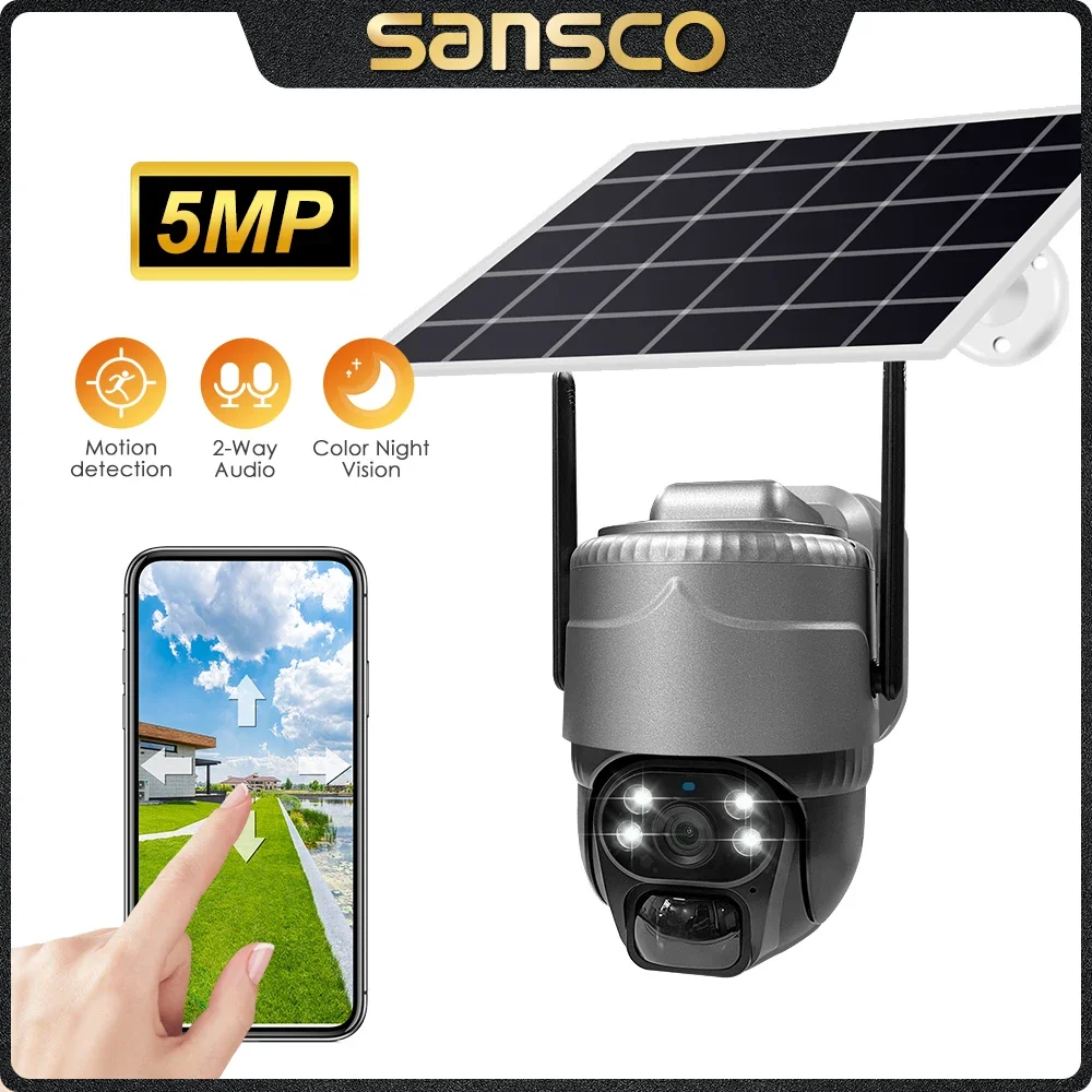 SANSCO 5MP 4G PTZ Solar Camera Built-in Battery PIR Motion Detection Tracking Outdoor WIFI 3MP Security IP Camera V380 PRO