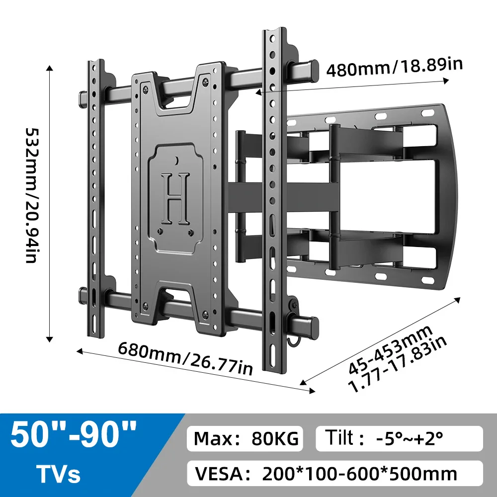 

Full Motion TV Wall Mount Bracket For 50"-90" Articulating 8 Arms TV Wall Mount Stand Swivel Tilt Bracket TV, Max VESA 600x500mm