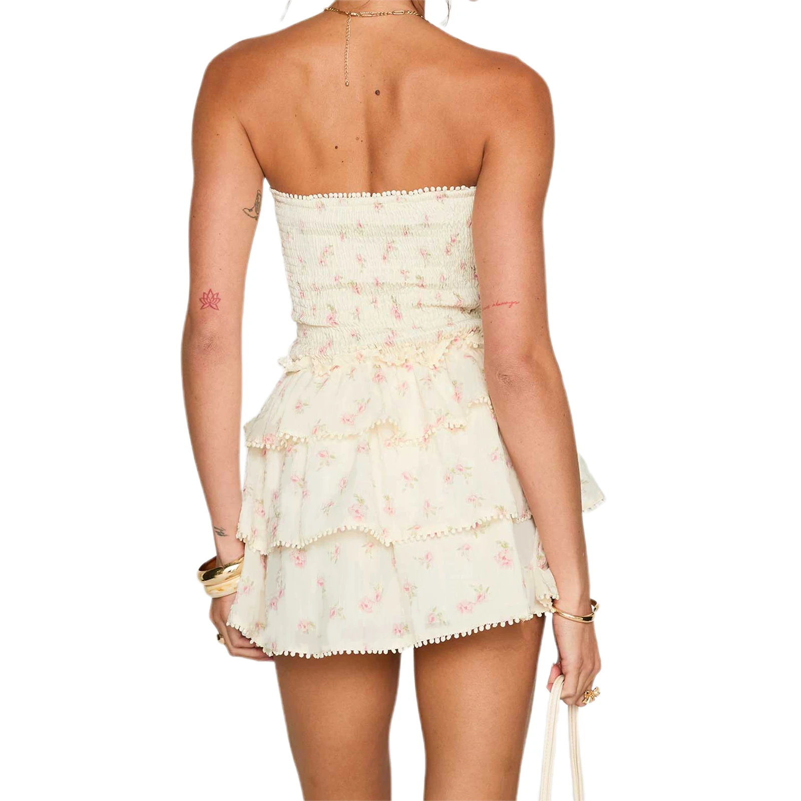 Women Mini Dress Strapless Backless Floral Layered Slim Fit Summer Tube Dress Clubwear
