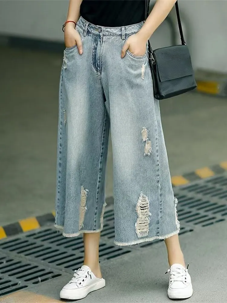 Fashion Hole Jeans New Women's Summer Raw Edge Capris Denim Pants High Waist Baggy Pocket Streetwear  Loose Wide Leg Pant