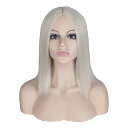 QQXCAIW Short Bob Wig Straight Sliver White Blonde Cosplay Party Costume High Temperature Fiber Synthetic Hair Wigs