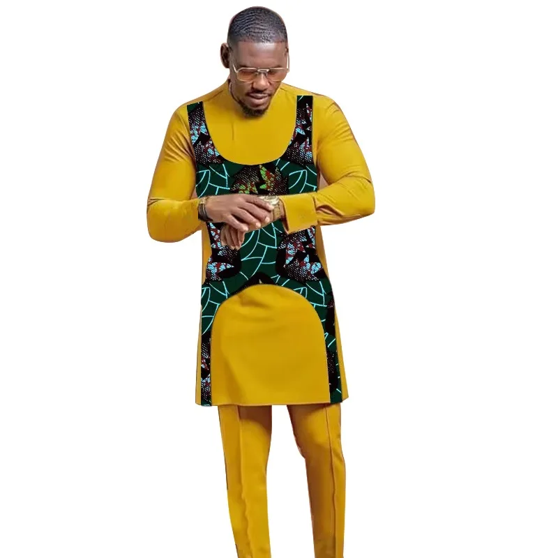 Patchwork Shirt With Solid Pant Yellow Men\'s Groom Suit Male Nigerian Fashion Custom Made African Party Outfits