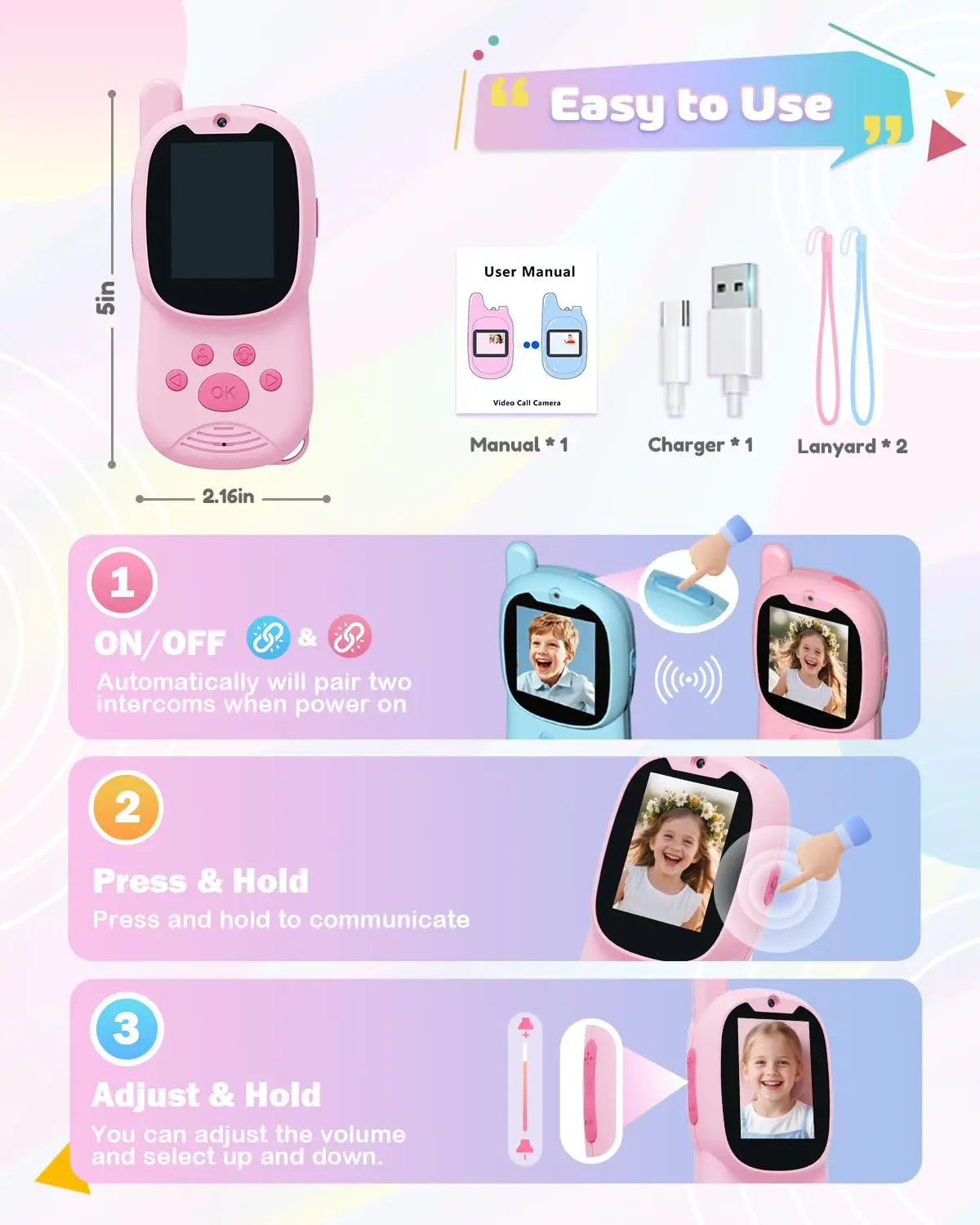 Video-walkie-talkies voor kinderen, 2-pack oplaadbare kinder-walkie-talkies kunnen berichten verzenden, kerst- en verjaardagscadeaus voor kinderen van 3-12 jaar