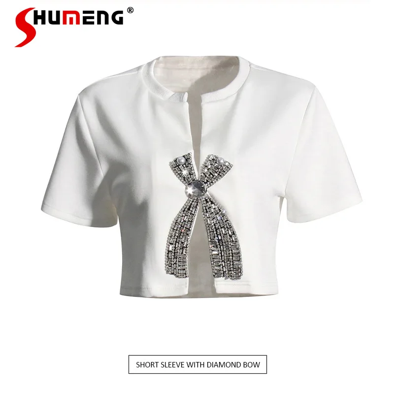 

Fashion Casual Short-Sleeve T-Shirts 2024 New Stitching Diamond Bow Slimming Elegant Short Tops Solid Color Women's Clothes