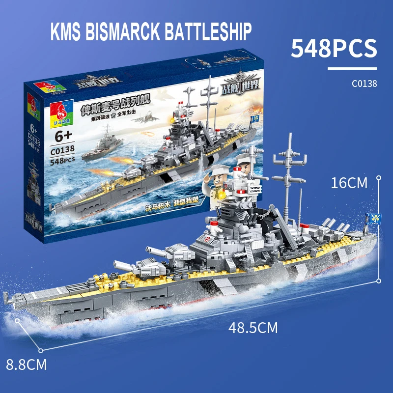 WW2 Military Warships Series Building Blocks Battleship Bismarck Retro Model Kit WW1 Soldier Weapon Boat Bricks Toys For Kids