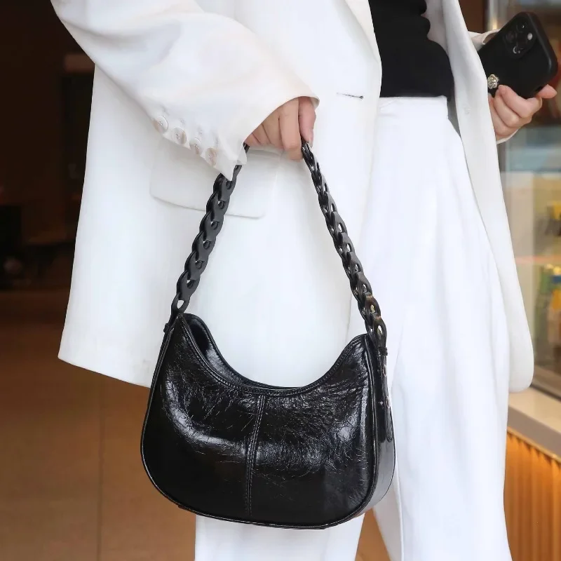 Cowhide Single Shoulder Women's Handbag, High-quality Genuine Leather Underarm Bag, Lady Fashionable Turtle Crack Commuting Bag