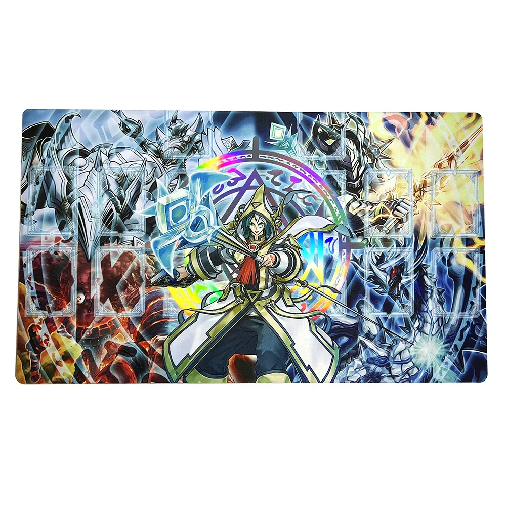 

2mm No Stitched Edges YGO Silent Magician Aurkus, Lightsworn Druid Foil Holographic Shinny Holo Playmat Collection Game Mat