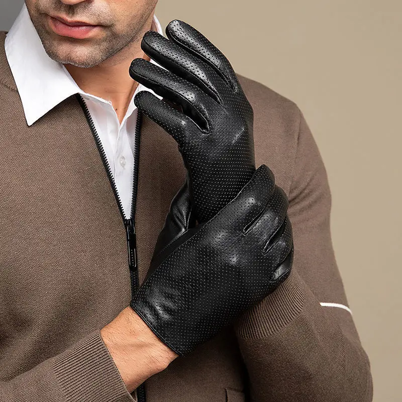 2023 Autumn Men style Business Sheepskin Leather Gloves Winter Full Finger Touch Screen Black Gloves Riding Motorcycle Gloves