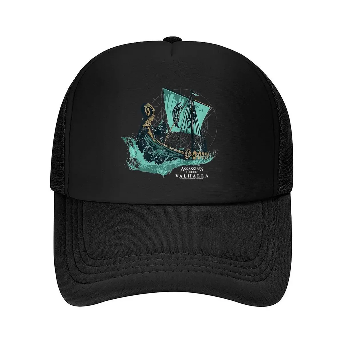 New Viking Ship in Dynamic Seascape Illustration Mesh Baseball Cap