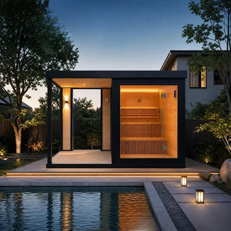 Outdoor Sauna Room with Covered Porch, Black Flat Roof, Tempered Glass Door and Ambient LED for OEM/ODM Projects