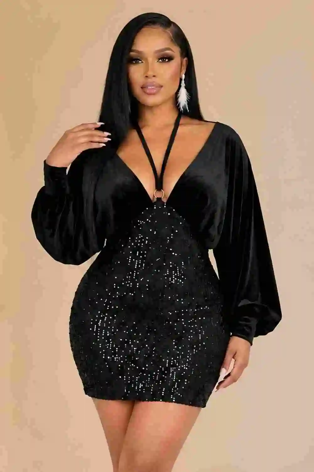 Black Sequin Patchwork Party Dresses Halter V Neck Batwing Sleeve Bodycon Mini Dresses Cocktail Dress Custom Made Hight Quality
