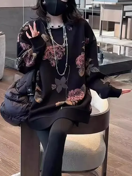 เสื้อสเวตเตอร์พิมพ์ลายทรงยาวสไตล์เรโทร ไซส์ใหญ่ 300 ปอนด์ สำหรับผู้หญิง ฤดูใบไม้ร่วง ฤดูหนาว เสื้อคลุมสไตล์เกาหลี ลายดอกไม้