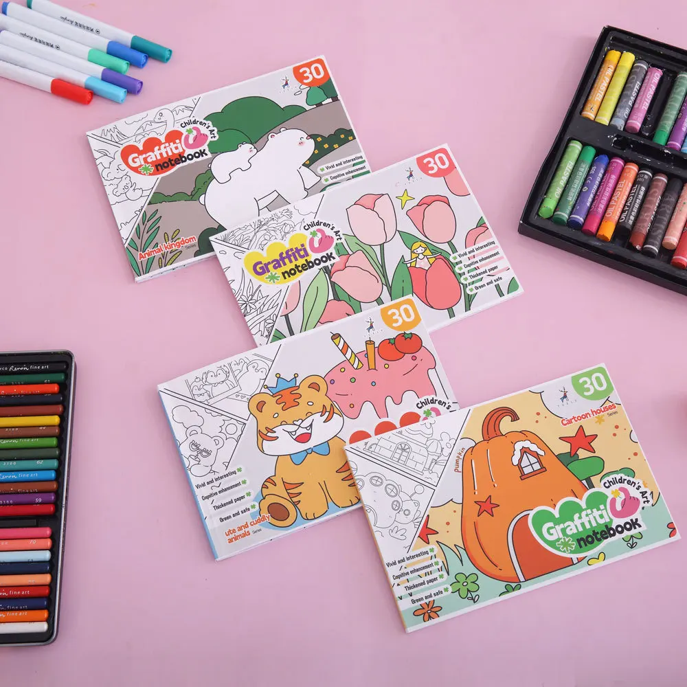 Libro para colorear de 30 hojas, dibujos animados, práctico libro de graffiti, libro de dibujo de acuarela