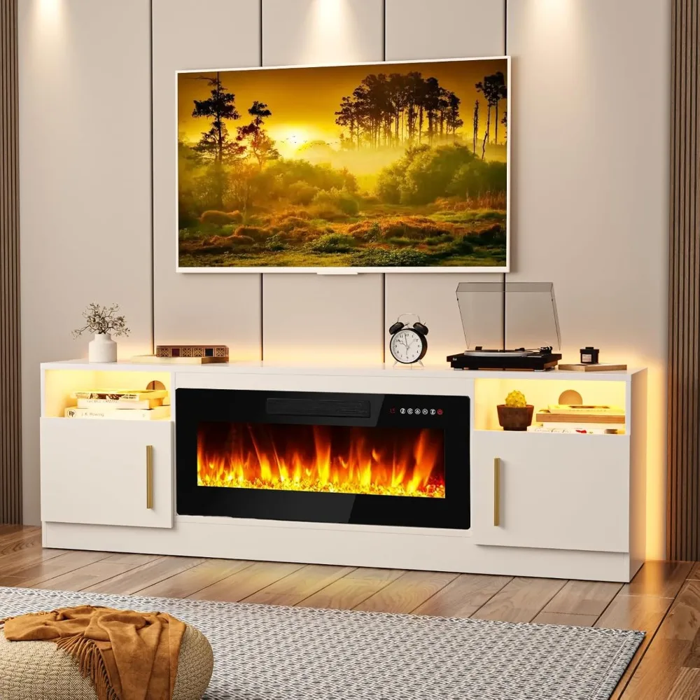 Soporte para TV con chimenea Centro de entretenimiento con chimenea de 36", soporte para TV de madera de 70" para televisores de hasta 80", consola para TV multimedia con alto contenido de vidrio