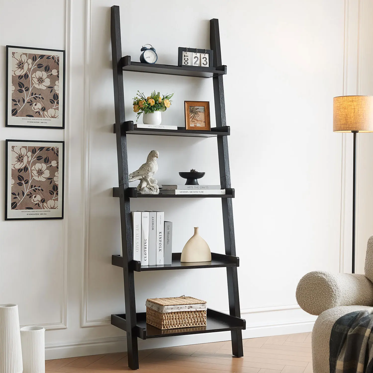 

Bookcase Ladder Five Shelf Popular Modern Design Multi-Depth Shelves With Rounded Shelf Barrier Corners