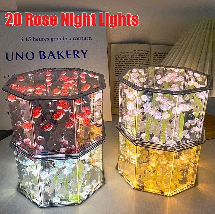 

20 Flowers DIY Rose Mirror Eight Sided 3D Night Light Material Package Valentine's Day Gift Birthday Gift LED Tulip Night Light