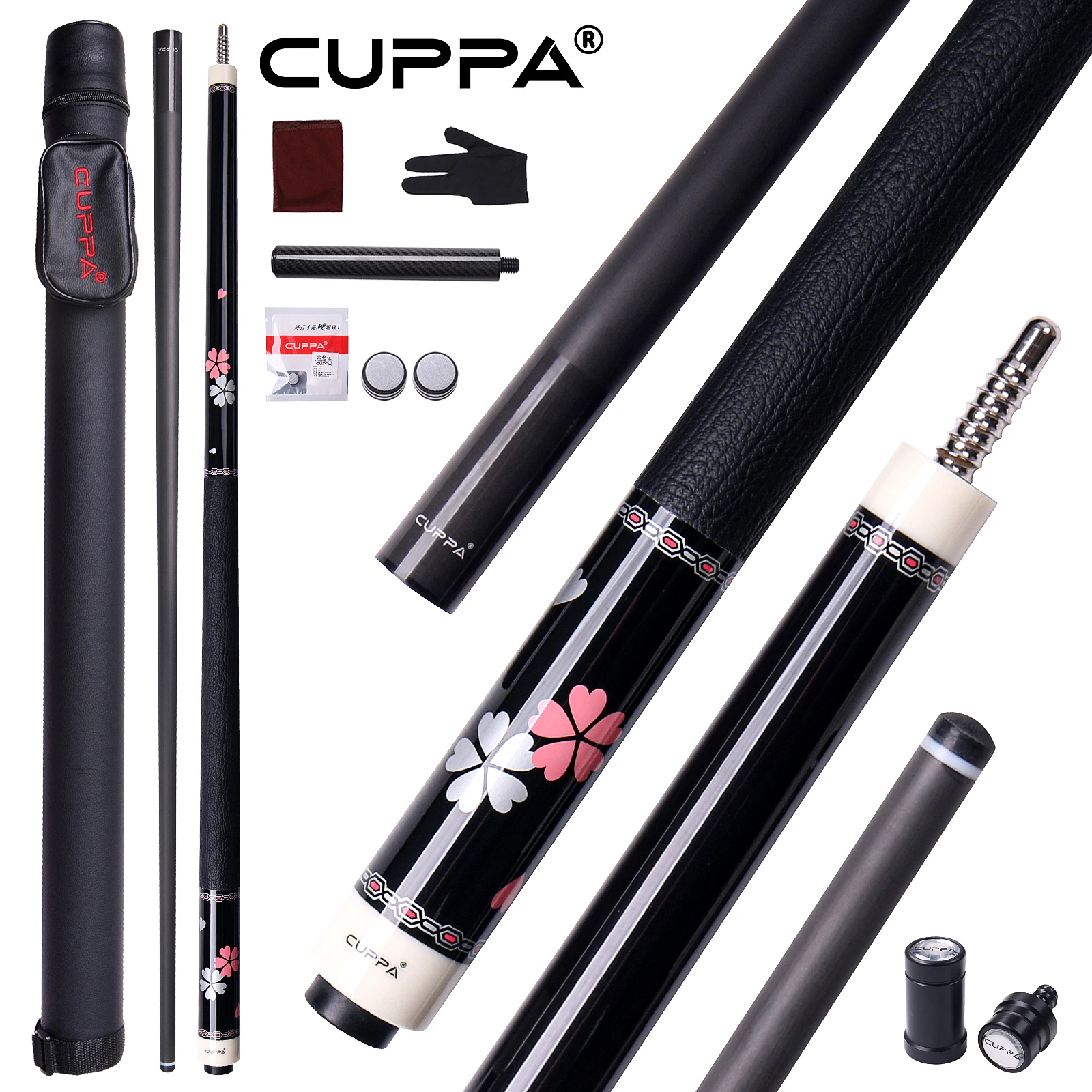 

CUPPA 58-inch Carbon Fiber Billiards Cue 1/2Split High-Tech Shaft Radial Joint Leather Grip with Accessories for Home Club