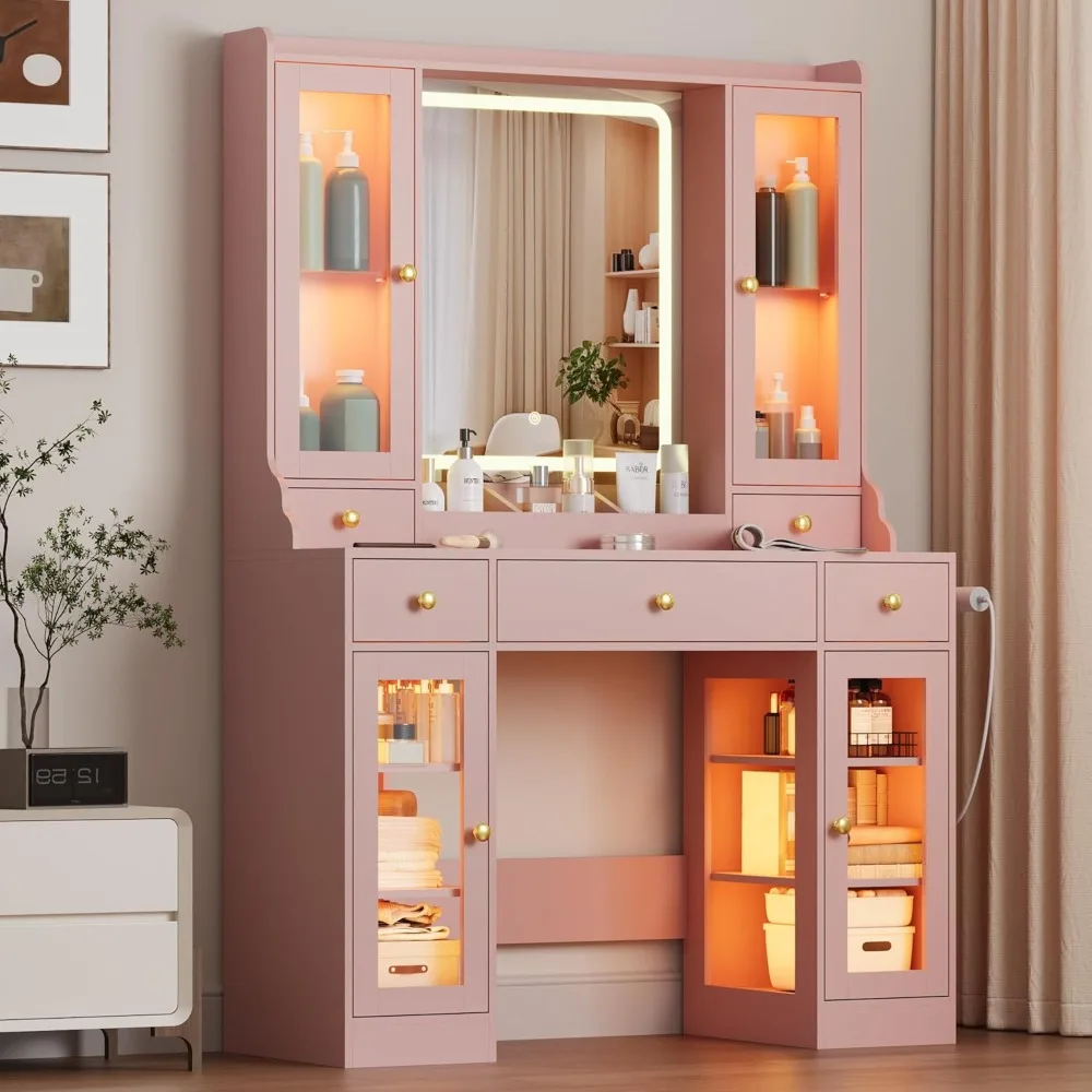 

Vanity Desk with Mirror and Lights, Pink Makeup Vanity Table with 3 Modes & Adjustable Brightness, Glass Cabinets, Drawers, Outl