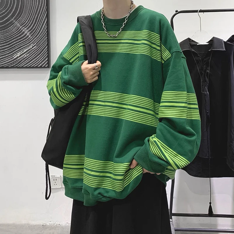 

Black Green Striped Fashion Casual 2022 Hoodie Long Sleeve Autumn Spring Men Oversized Harajuku Korean Top Vintage Sweatshirts