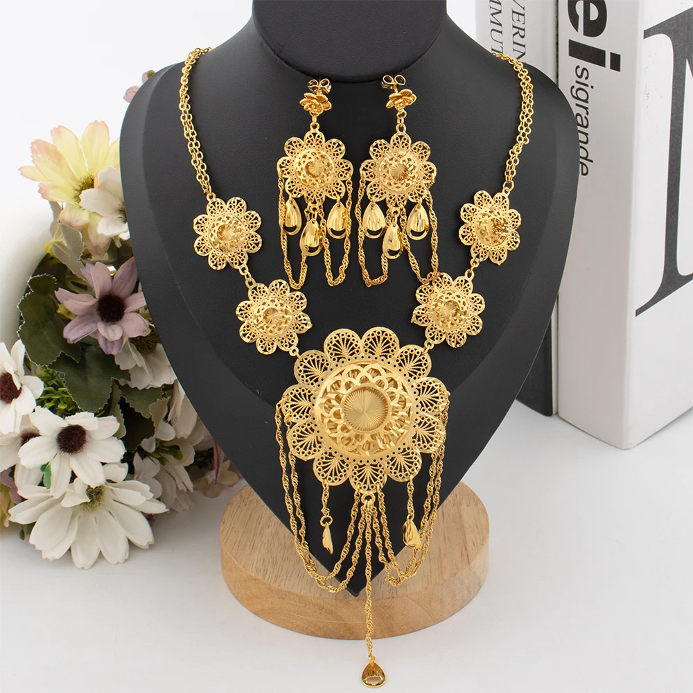 African Luxury Gold Color Jewelry Set for Women Bohemian Classic Tassel Design Earrings Pendant Set Copper Gold Plated Jewelry