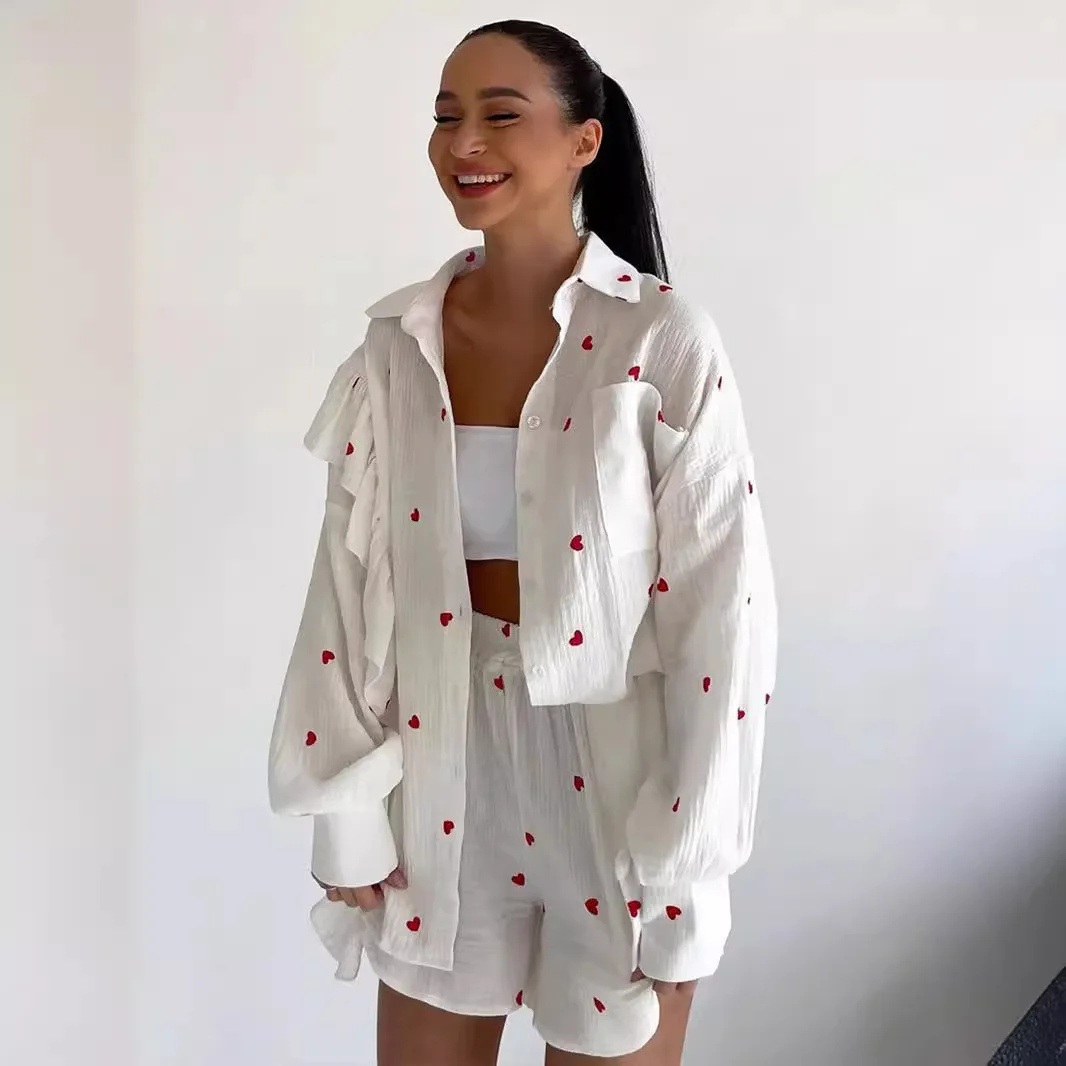 2026 New Cotton Yarn Printed Lotus Leaf Edge Heart-shaped Strawberry Printed Shirt Shorts Set Suitable for Daily Casual Wear