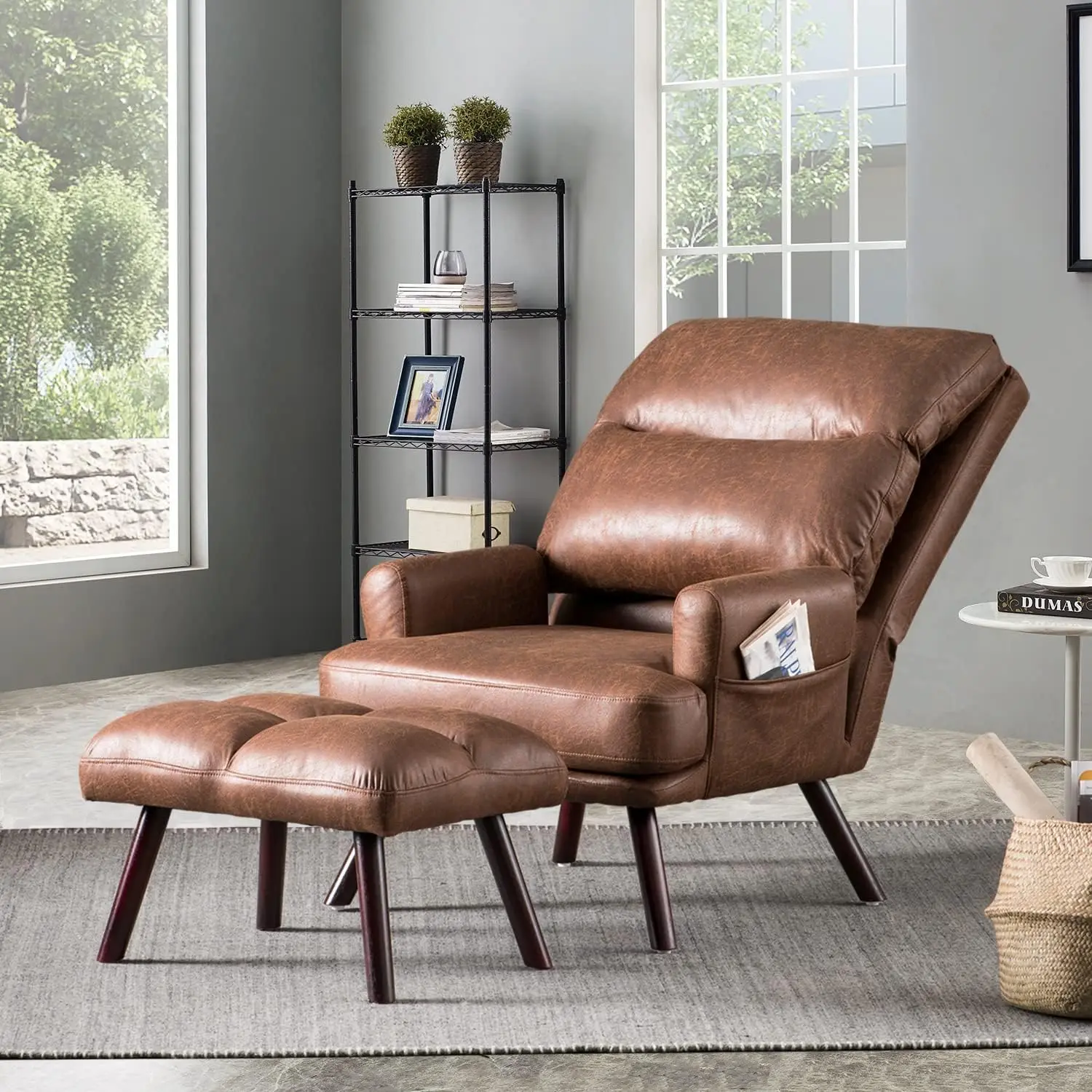 Reading Set,Suede Faux Leather Living Room Lazy Chair Armchair Recliner Adjustable Backrest  Office Bedroom Nersury,Dark Brown