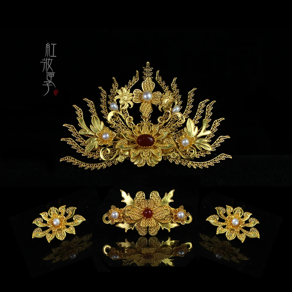 New Chinese Hairpin Retro Hair Comb Hanfu Dish Hairpin Hair Ornament Hollow Carved Comb Gold Ornament Metal Comb