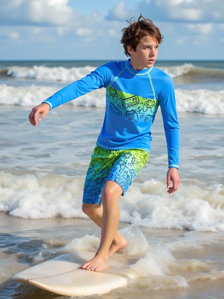 Boy Kids Swimsuit 2026 New Solid Game Console Long Sleeves Children Swimwear Summer 2 Piece Beach Cover Up Bathing Suit Swimming