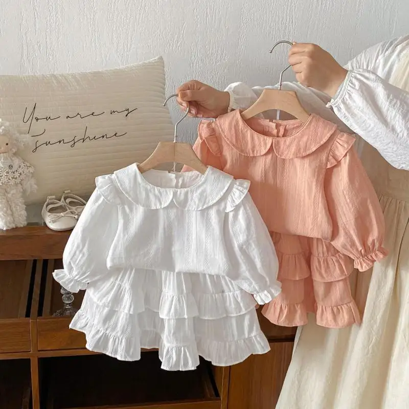 

2025 Autumn New Baby Long Sleeve Clothes Set Girls Ruffle Collar Tops + Puff Skirt 2pcs Suit Cotton Kids Toddler Casual Outfits