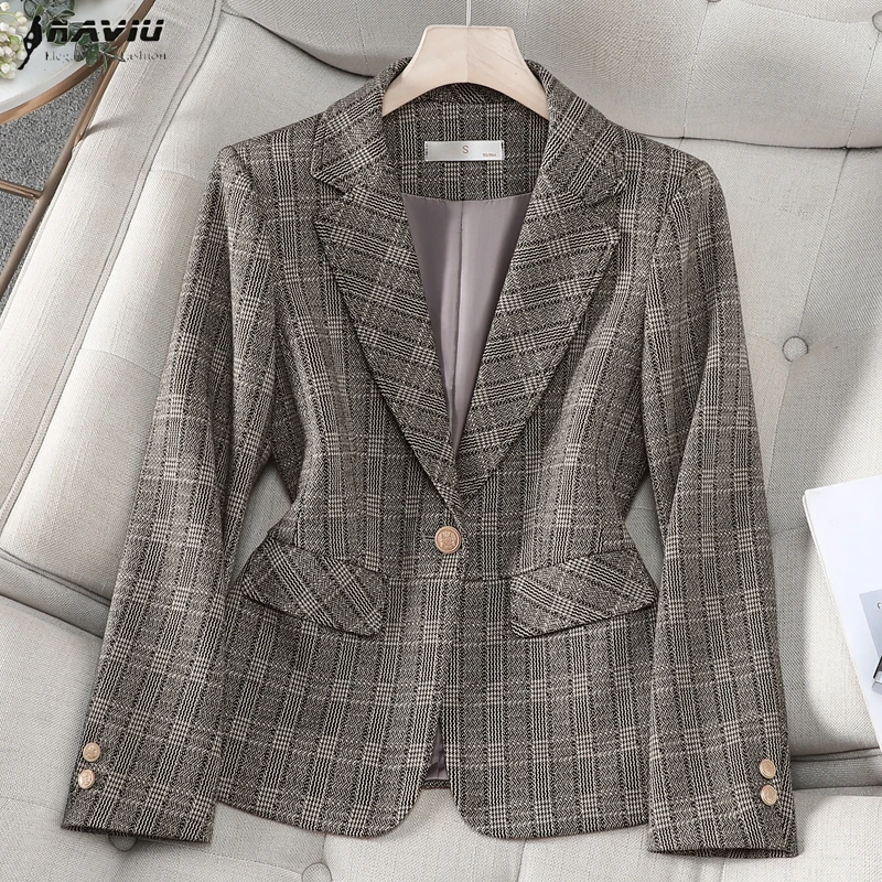 

NAVIU Fashion Women Blazer Spring Autumn Plaid Suit Jacket Office Ladies Single Button Long Sleeve Slim Jacket Work Coat