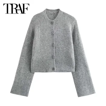 Traf cinza camisola cardigan 2024 feminino outono inverno recortado camisola de malha casacos manga longa malhas curtas novo em outerwears