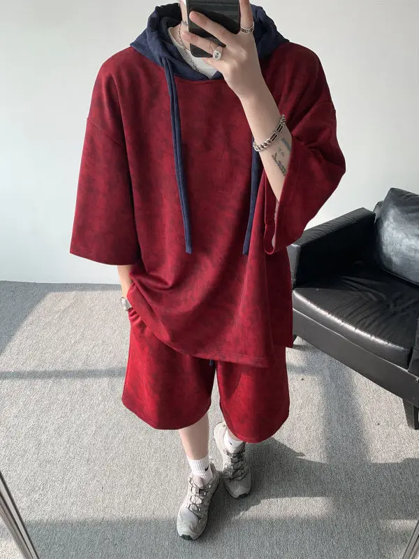 

Spring Summer New Color Blo Hoodie ort Sve T-irt Set ex Large Size Loose orts Two Piece Set College Sle