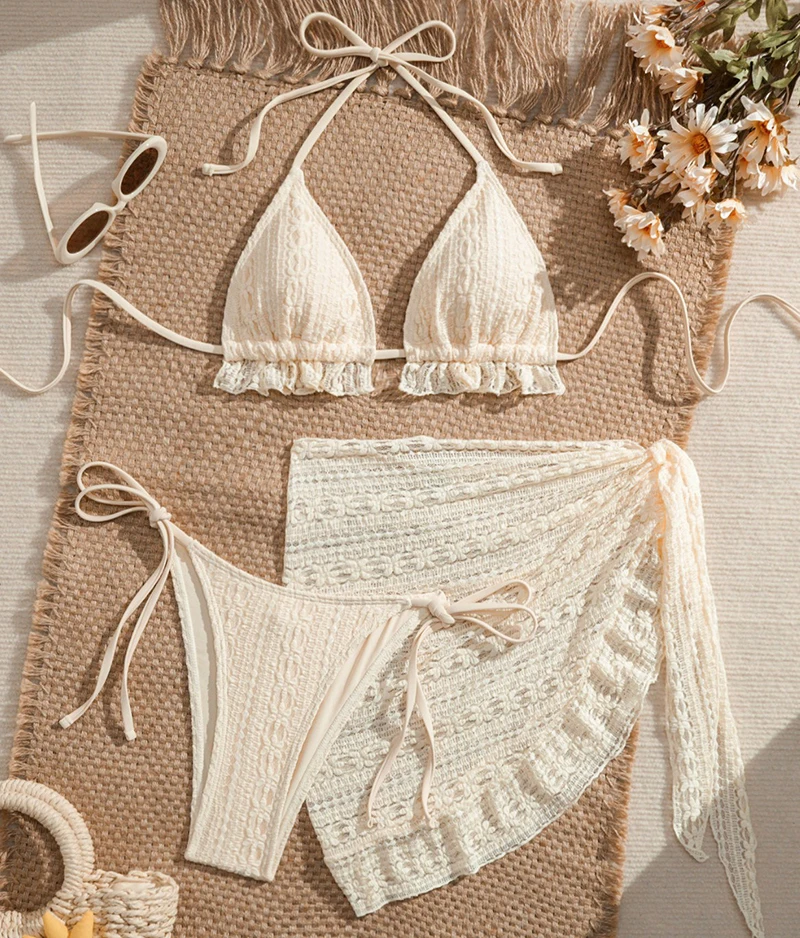 

Сексуальное бикини 2026, женские кружевные бикини, шифоновая юбка, три предмета, разделенный купальный костюм, летний купальник на шнуровке, дышащая пляжная одежда