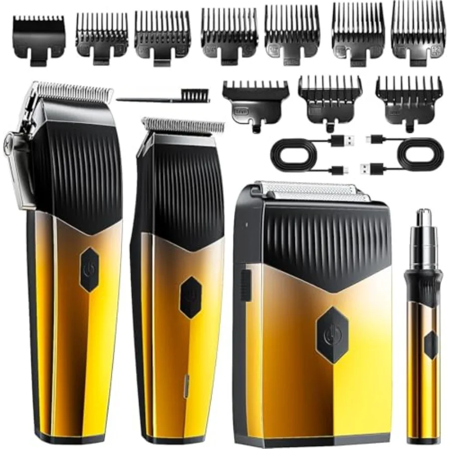 

Профессиональный набор для стрижки волос 4 в 1 для мужчин: триммер для бороды, перезаряжаемая бритва, металлическое Т-образное лезвие, LED-дисплей, для парикмахерских услуг.