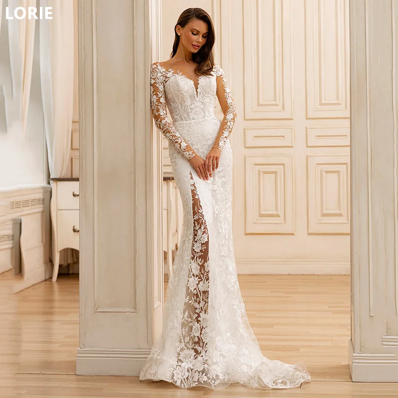 Lorie renda applique manga longa vestidos de casamento lado spild sereia vestido de noiva sem costas princesa vestido de noiva personalizado 2024