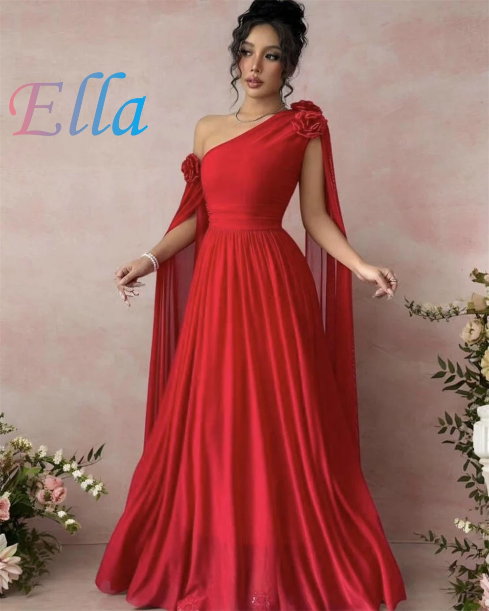 Robe de soirée en mousseline de soie rouge gracieuse personnalisée, asymétrique épaule dénudée, robes à fleurs, robe de bal délicate avec traîne à balayage, 2025