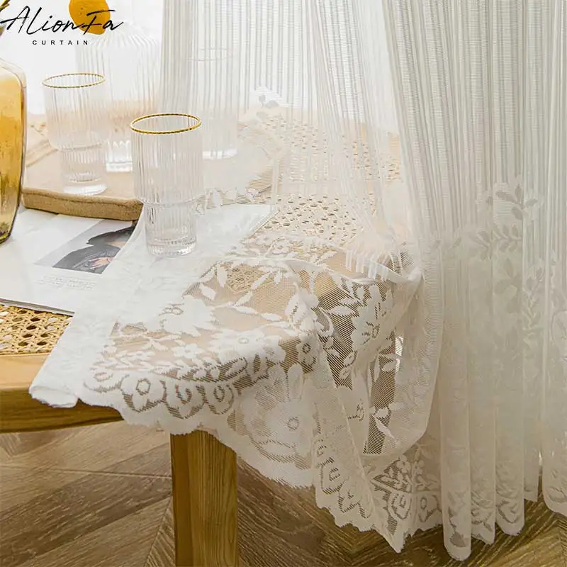 Korean Embroidered Lace Tulle Curtains for Living Room, Bedroom Window Floral Sheer Voile Curtain Kitchen Striped Drapes Balcony