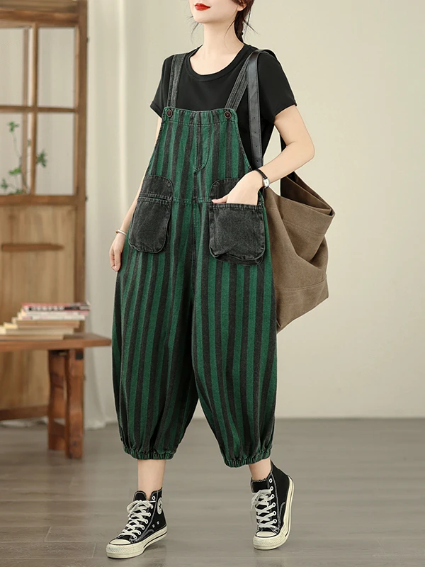 

plus Size Women's Summer Casual Stripe Denim Thin Casual Overalls Slimming Nine-Piece Jumpsuit High Waist Loose Fit No Stretch