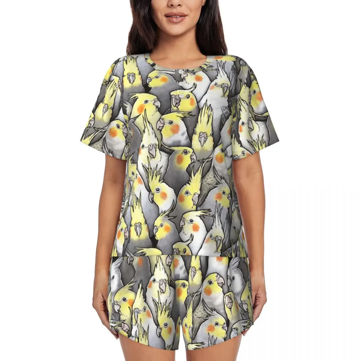 Custom Funny Cockatiels Galore Pajama Sets Women 2 Piece Parrot Birds Short Sleeve Pjs Shorts Sleepwear