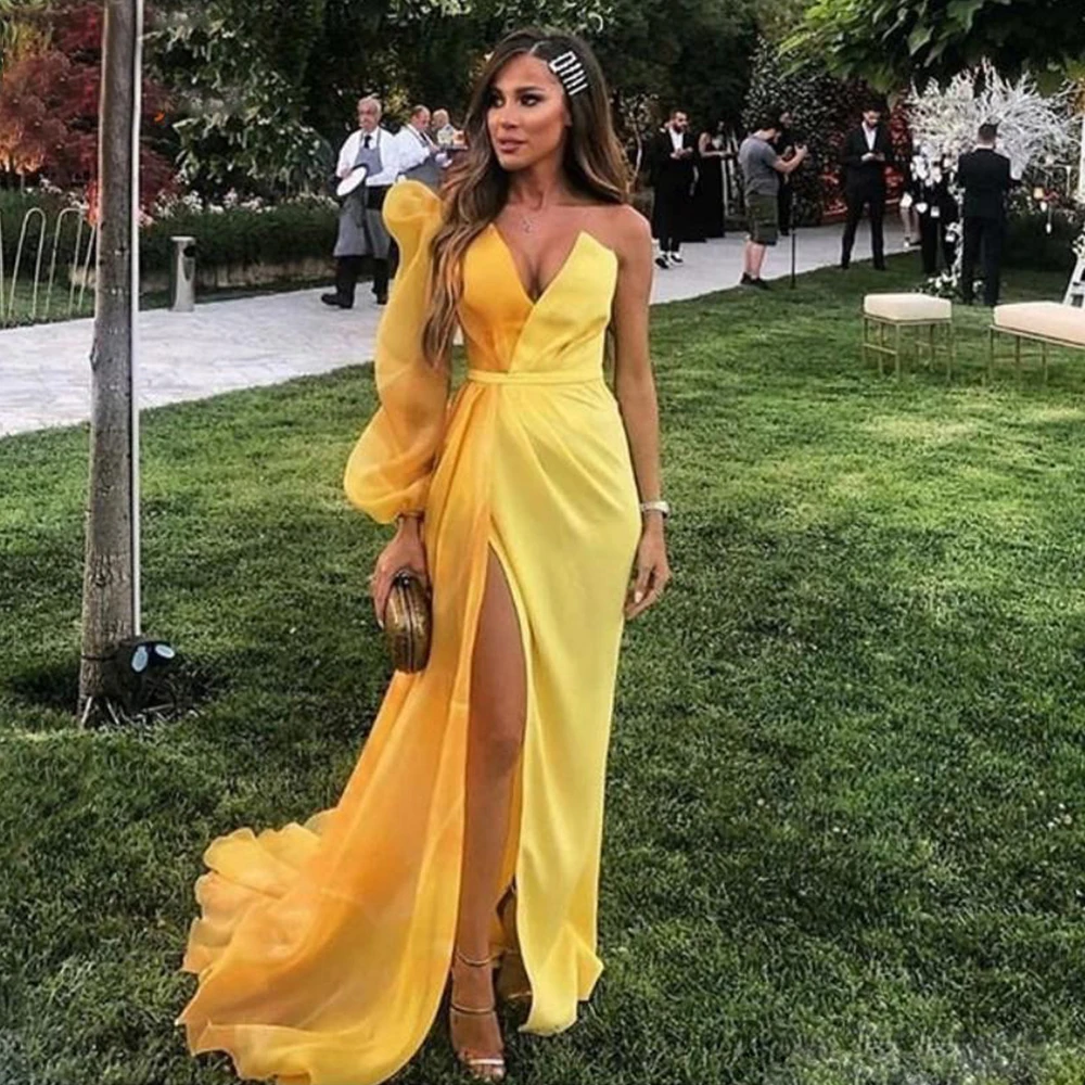 

Sexy Yellow V-Neck Split Evening Gowns Elegant Long Formal Organza Sleeve Women's Party Robe De Soiree 2023 Fashion Celebrity