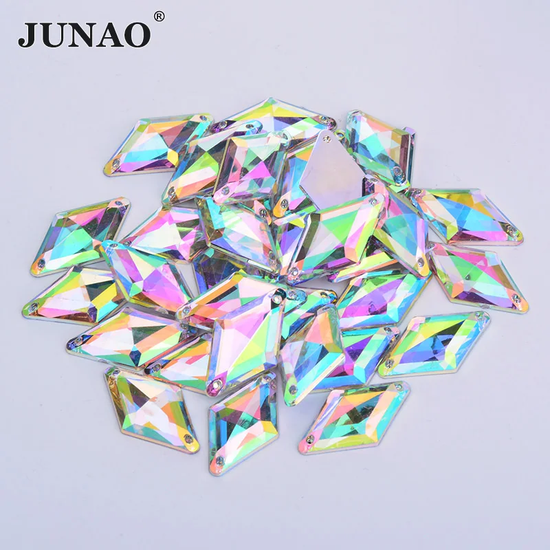 JUNAO 9*15mm 18*30mm Sew On Crystal AB Rhinestones Flatback Rhombus Shape Strass Acrylic Gems For Dress Clothes Needlwork Crafts