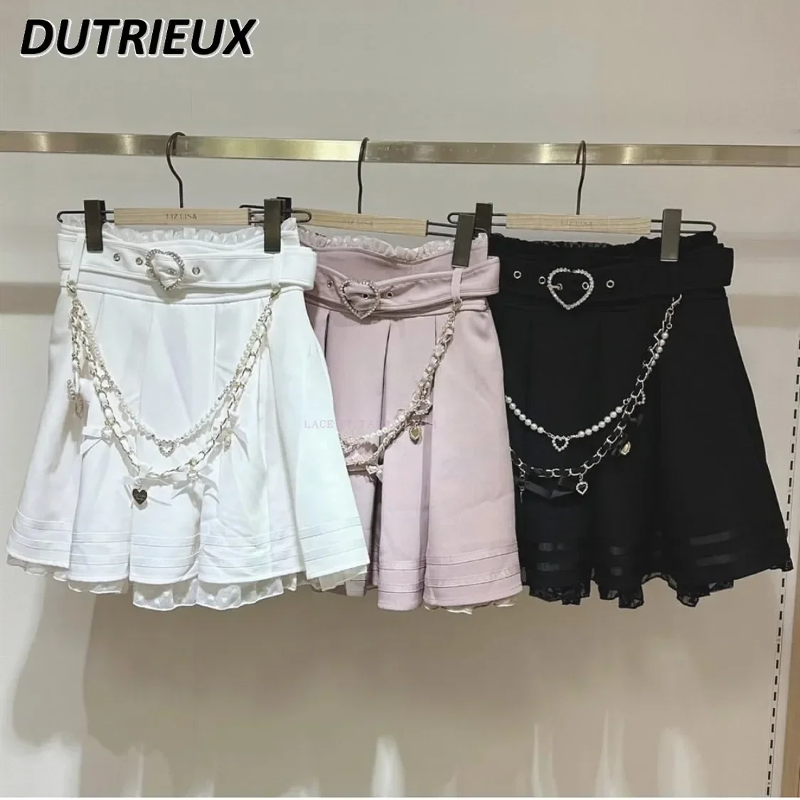 

Japanese Lolita Diamond Heart Buckle High Waist Mini Skirt Women Heavy Industry Pink Skirt Pearl Ribbon Bow Casual Rojita Skirts