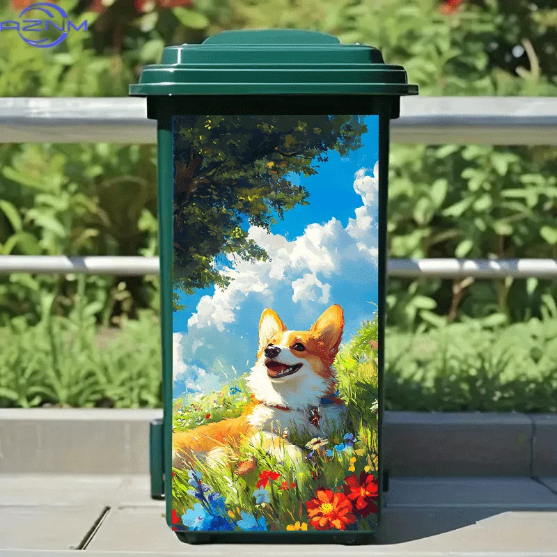 1pc 2D/Flat Trash Can Sticker, .01*cm, Smiling Corgi in Flower Field Design, Creative Trash Bin Sticker for Trash Can, Wall, K