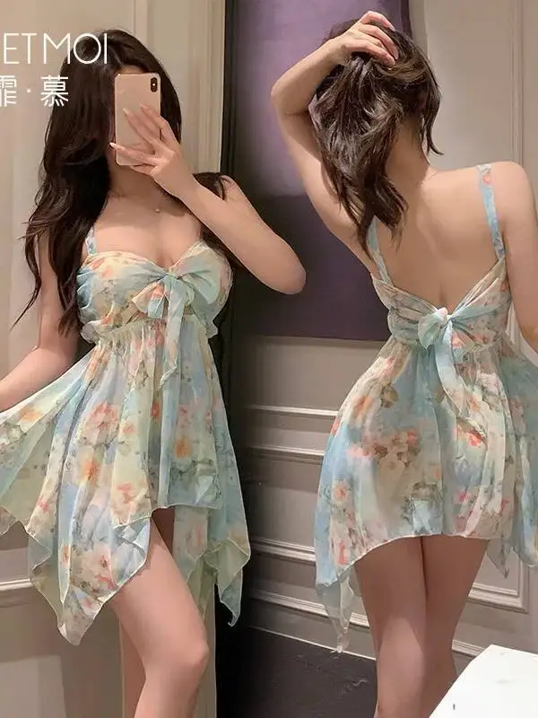 Sweet Green Tank Mini Dress Bow Cute Girl Garden Deep V Neck Floral Dress Elegant Thin Summer Sheer Women Tops Korean  RQE8